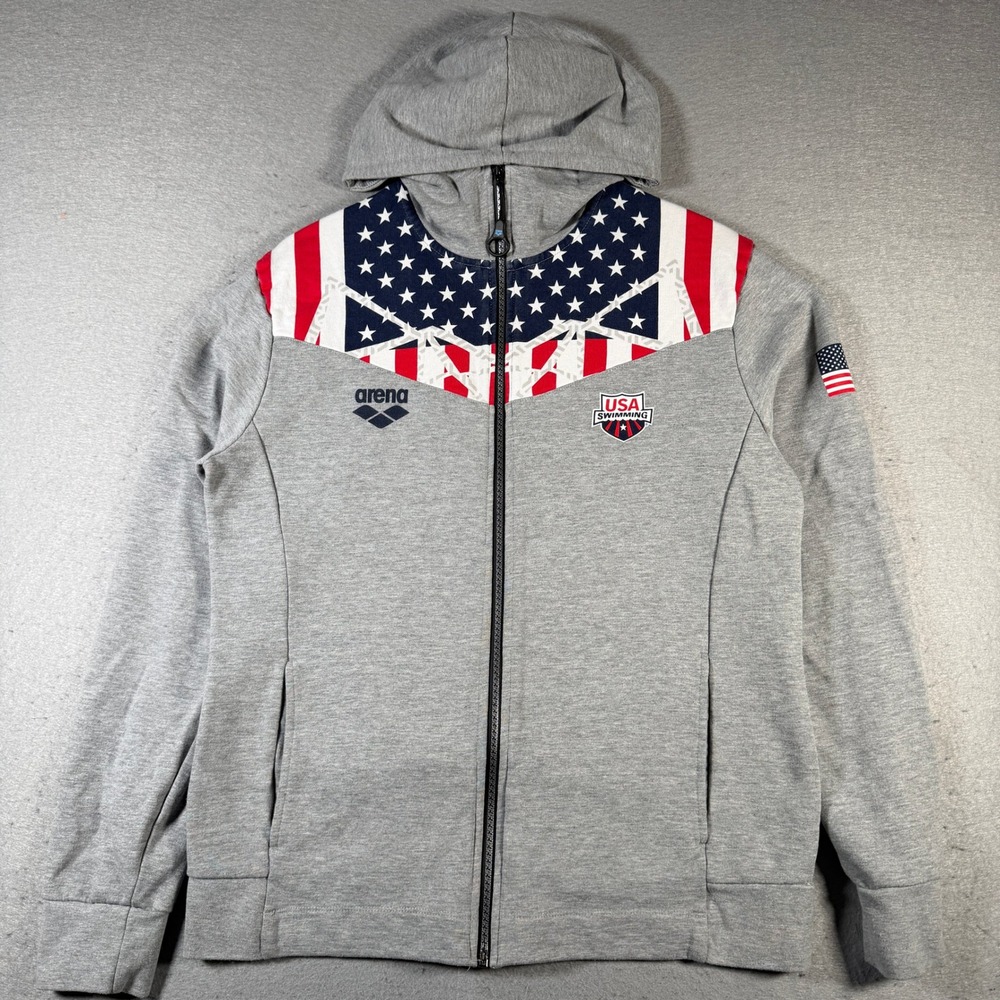 Arena USA Swimming Track Jacket Full Zip Hoodie Grey Mens L Athletic‎ USA Flag